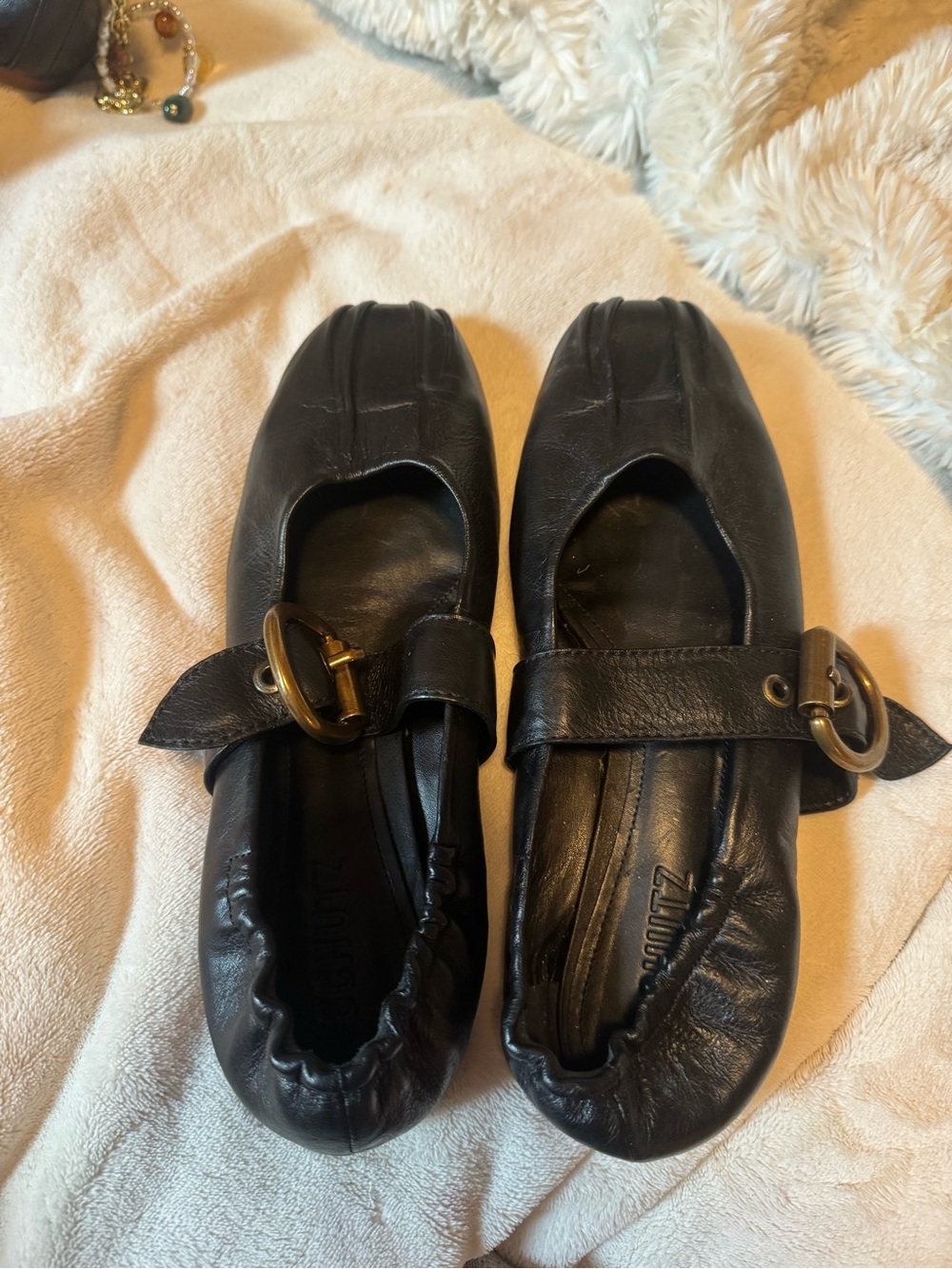 Black Leather Buckle Flats schutz